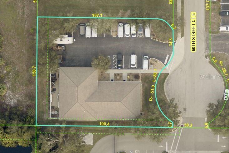 An aerial map shows a commercial building with a parking lot and surrounding property lines — 718 60TH STREET COURT E, BRADENTON, FL