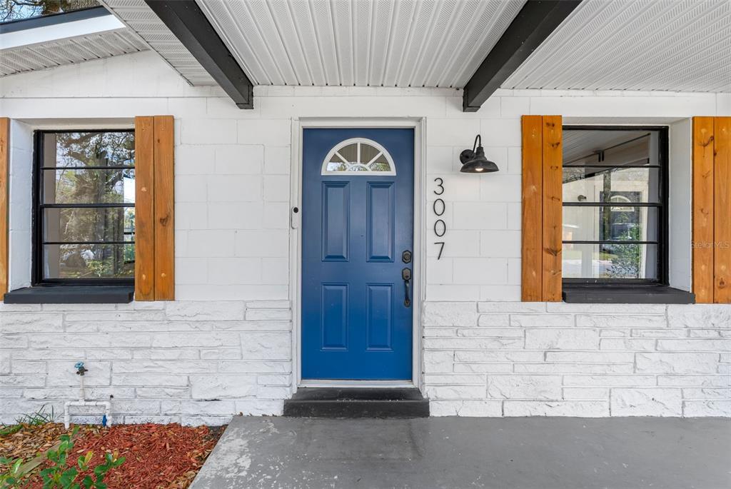 A blue front door with a small arched window is centered on a white house — 3007 CHIPCO STREET, TAMPA, FL