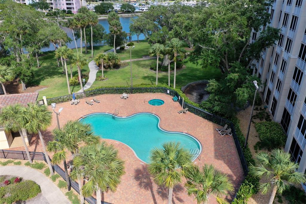 An aerial view of a swimming pool and hot tub surrounded by palm trees — 146 PALM COAST RESORT BOULEVARD UNIT 704, PALM COAST, FL