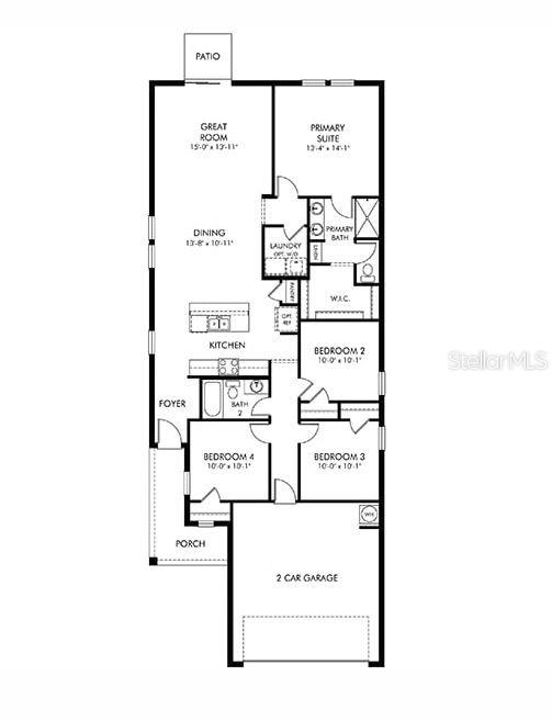 This floor plan shows a four-bedroom, two-bath home with an open-concept living area and garage — 3902 TEAK LANE, BARTOW, FL
