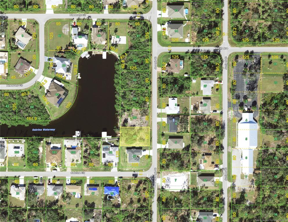 This is a satellite map showing residential lots, a waterway, and street layouts — 4193 JOSEPH STREET, PORT CHARLOTTE, FL