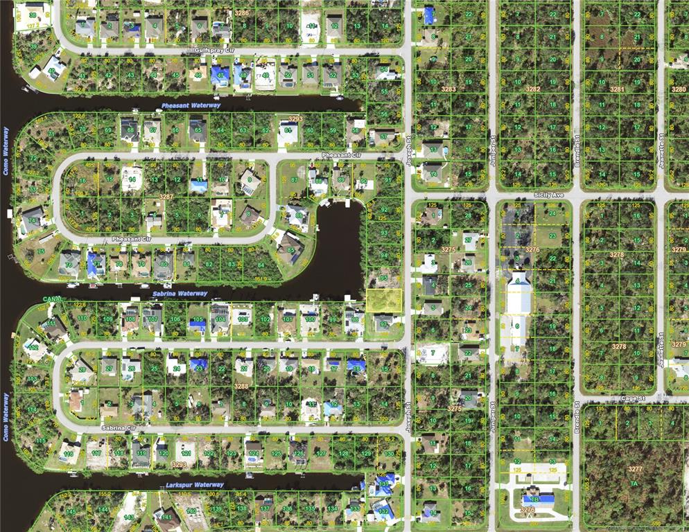 This is a map showing residential lots, streets, and waterways in a suburban neighborhood — 4193 JOSEPH STREET, PORT CHARLOTTE, FL