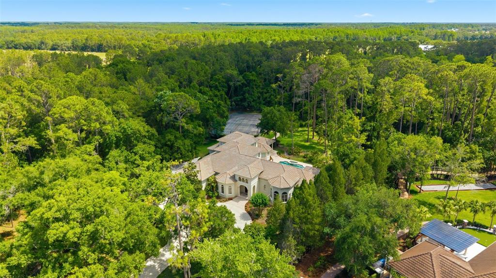 An aerial view shows a large house with a tile roof surrounded by dense forest — 18901 LAKES EDGE WAY, ODESSA, FL