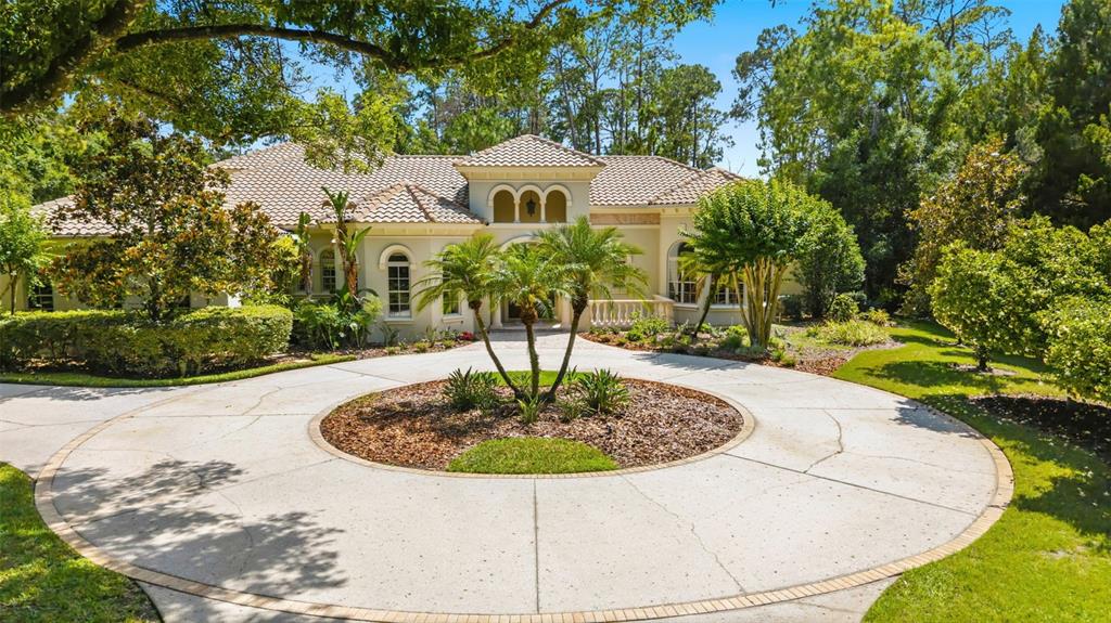 A beige house with a tiled roof features a circular driveway and a central palm tree — 18901 LAKES EDGE WAY, ODESSA, FL
