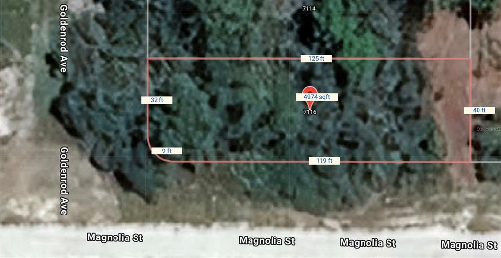 This is a satellite map showing the property boundaries and dimensions of a rectangular lot — 7116 GOLDENROD AVENUE, SEBRING, FL
