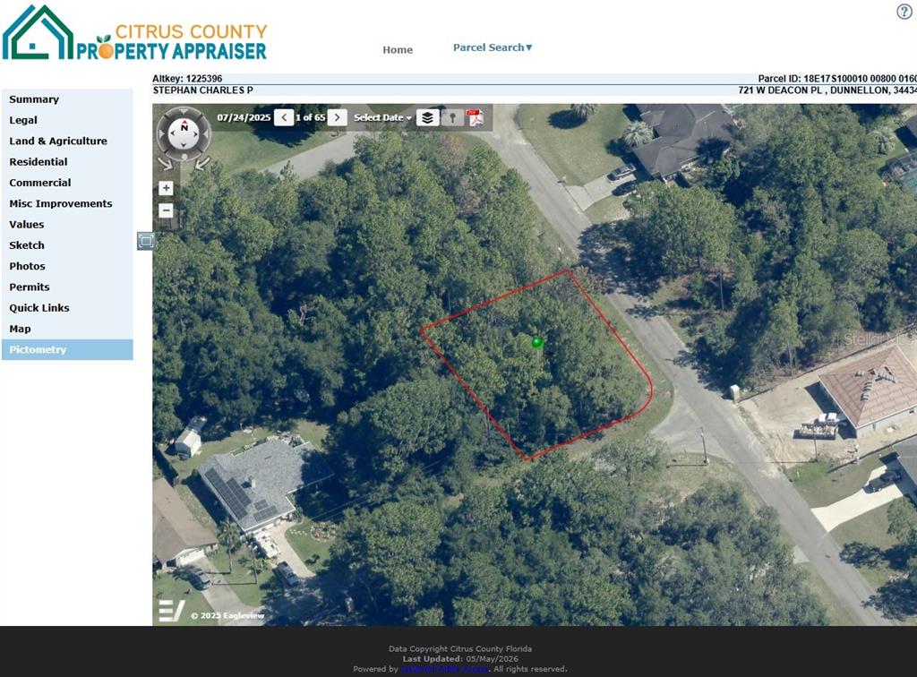 An aerial map view shows a wooded, undeveloped residential lot outlined in red — 721 W DEACON PLACE, CITRUS SPRINGS, FL