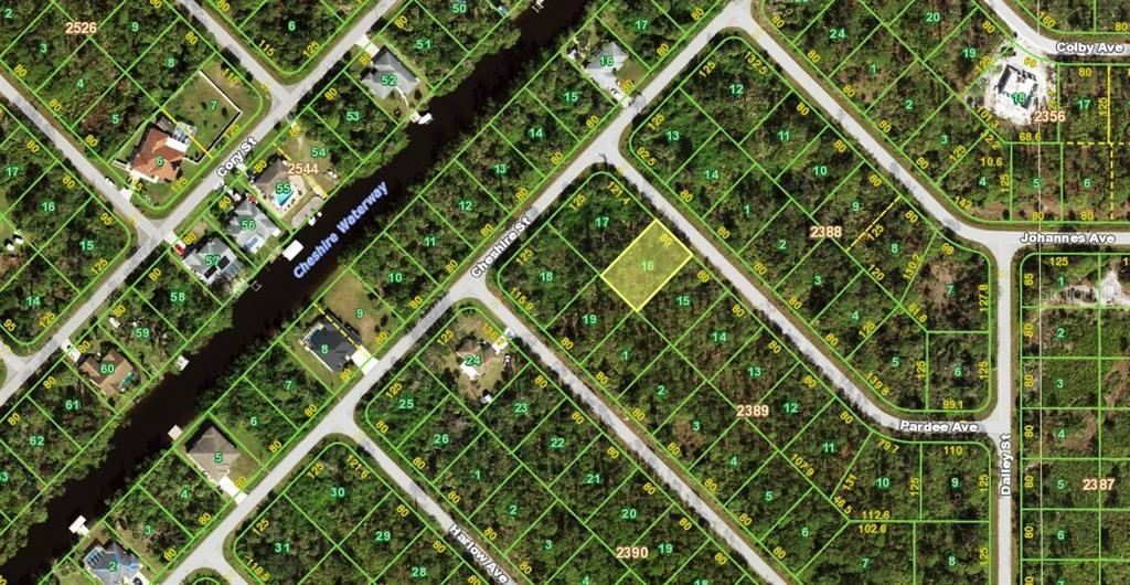 This is a map showing a highlighted vacant residential lot in a suburban neighborhood — 12501 PARDEE AVENUE, PORT CHARLOTTE, FL