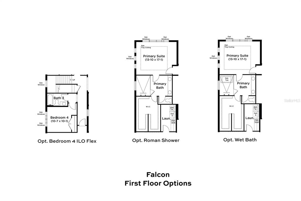 This floor plan shows three optional layouts for a primary suite and a bedroom — 8234 GOLDEN BEACH COURT, PARRISH, FL
