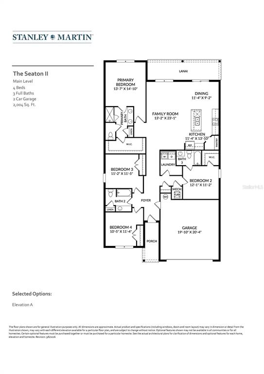 This is a floor plan for a single-story home featuring four bedrooms and a garage — 33917 SEATTLE SLEW DRIVE, SORRENTO, FL