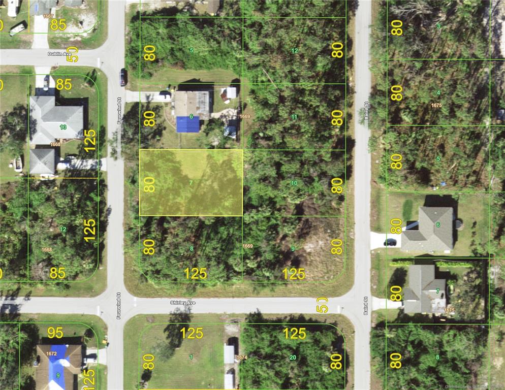 This is an aerial map showing residential lots and street layouts in a neighborhood — 2380 FOURWIND STREET, PORT CHARLOTTE, FL