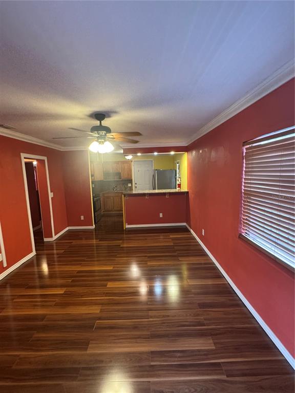 A living room with dark wood flooring, red walls, and a ceiling fan leads to a kitchen — 2205 CHIPCO STREET UNIT C, TAMPA, FL