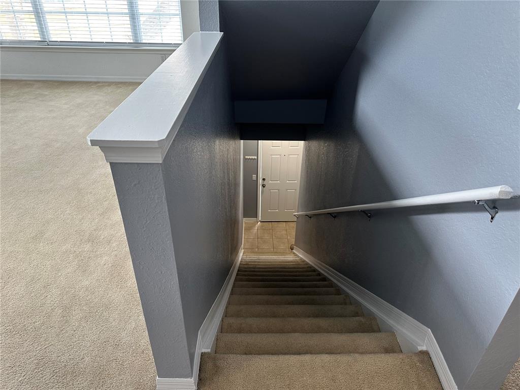A carpeted staircase with a white handrail leads down to a tiled entryway — 5601 ROSEHILL ROAD UNIT 201, SARASOTA, FL