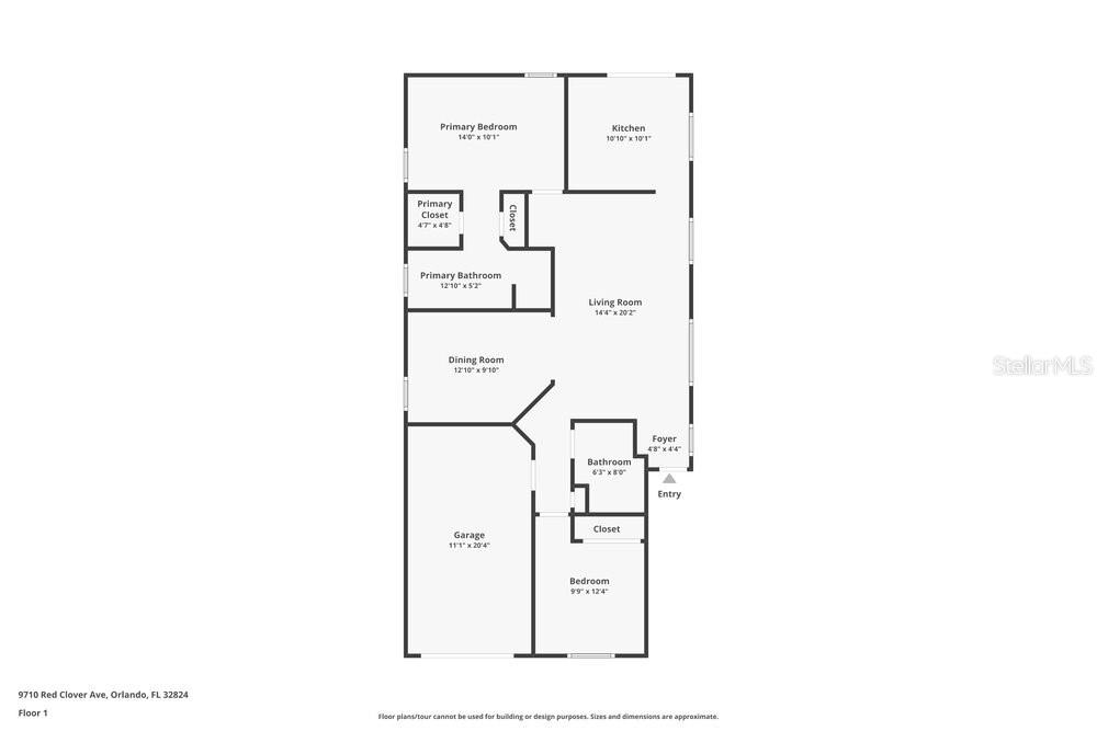 This is a floor plan of a single-story home with two bedrooms, two bathrooms, and a garage — 9710 RED CLOVER AVENUE, ORLANDO, FL