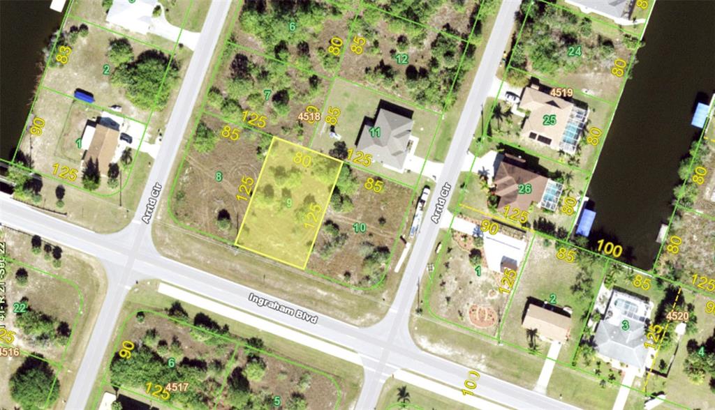 This is an aerial map view of a residential neighborhood with vacant and developed lots — 14634 INGRAHAM BOULEVARD, PORT CHARLOTTE, FL
