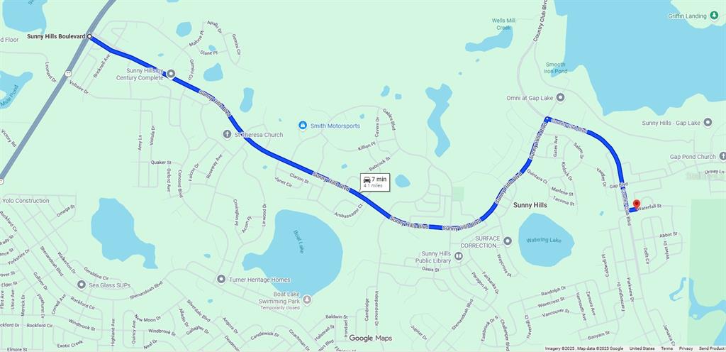 This is a map showing a driving route along Sunny Hills Boulevard — Lot 3 Unit 2 Blk 210 WATERFALL STREET, CHIPLEY, FL