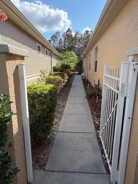 A concrete walkway leads between two tan stucco houses toward a line of trees — 7536 BERNA LANE, LAND O LAKES, FL