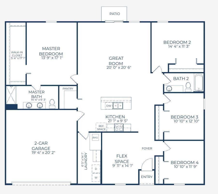 This is a floor plan for a four-bedroom house with a garage and patio — 1390 Schumann Drive, Sebastian FL 32958, SEBASTIAN, FL