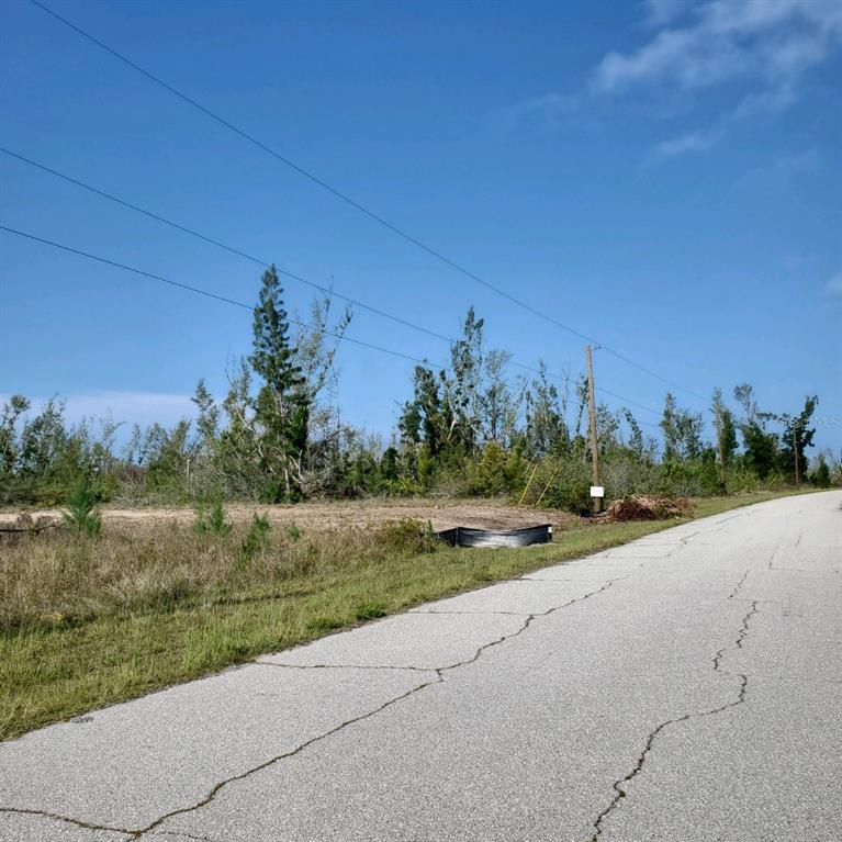 A paved road runs alongside a vacant, grassy lot with scattered trees and utility lines — 16285 RENNIE ROAD, PORT CHARLOTTE, FL
