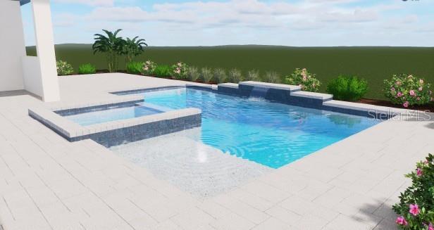 A digital rendering of a backyard swimming pool with an attached spa and water feature — 12630 HARNEY STREET, VENICE, FL