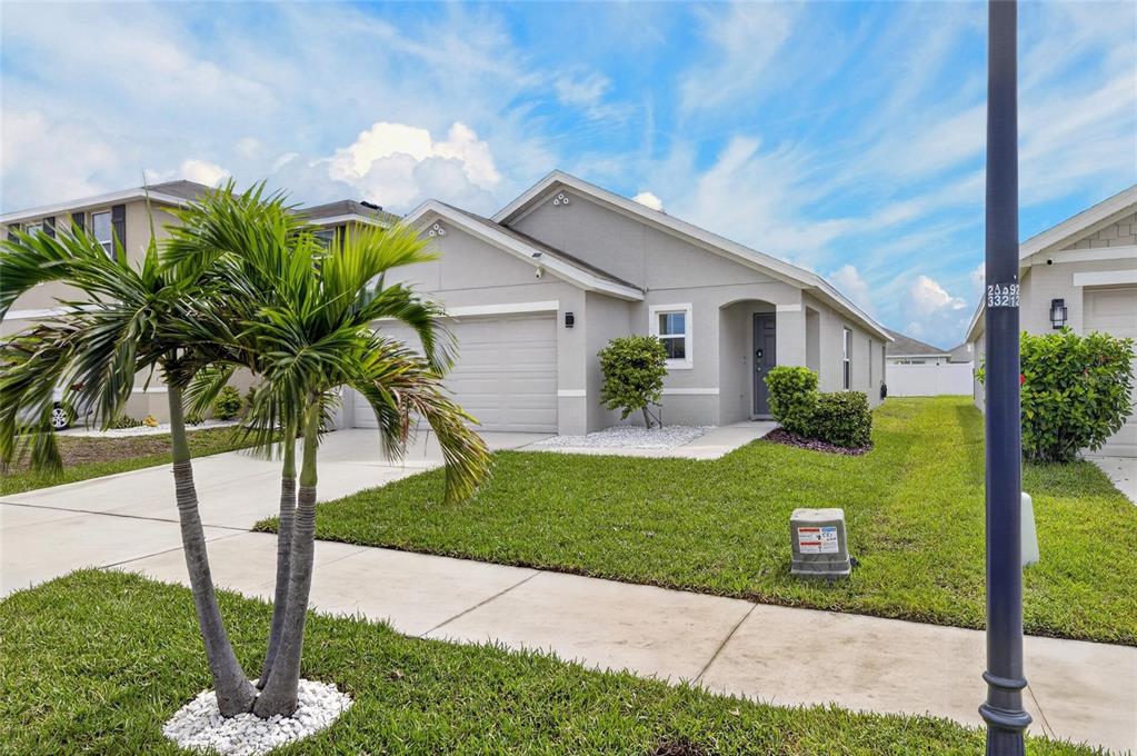 A single-story suburban house with a gray exterior, a two-car garage, and a palm tree — 579 OLIVE CONCH STREET, RUSKIN, FL