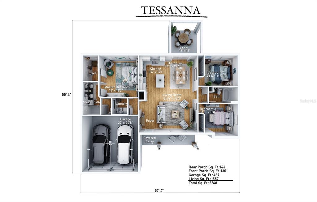 This is a 3D floor plan of a house featuring three bedrooms, a garage, and lanai — TBD FISHER LANE TRACE, OCKLAWAHA, FL