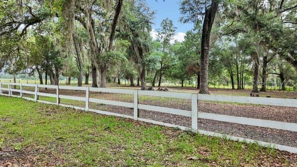 A white wooden fence encloses a grassy area with many large, moss-covered oak trees — 3551 NW 60TH AVENUE, CHIEFLAND, FL