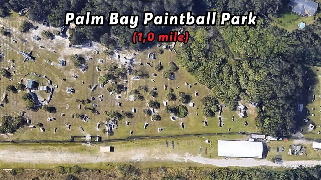 This aerial map view shows the Palm Bay Paintball Park with its various playing fields — 188 HAINES ROAD SW, PALM BAY, FL