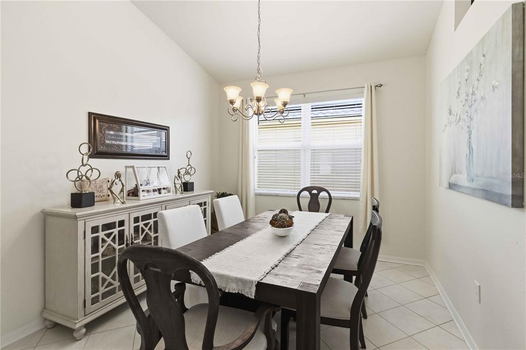 A dining room features a dark wood table, white chairs, a sideboard, and a chandelier — 35124 DEERFIELD OAKS DRIVE, ZEPHYRHILLS, FL