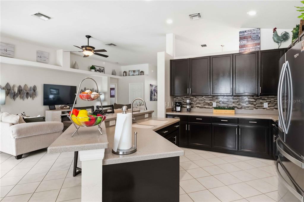 A living room features light tile floors, a ceiling fan, and a wall-mounted television — 35124 DEERFIELD OAKS DRIVE, ZEPHYRHILLS, FL