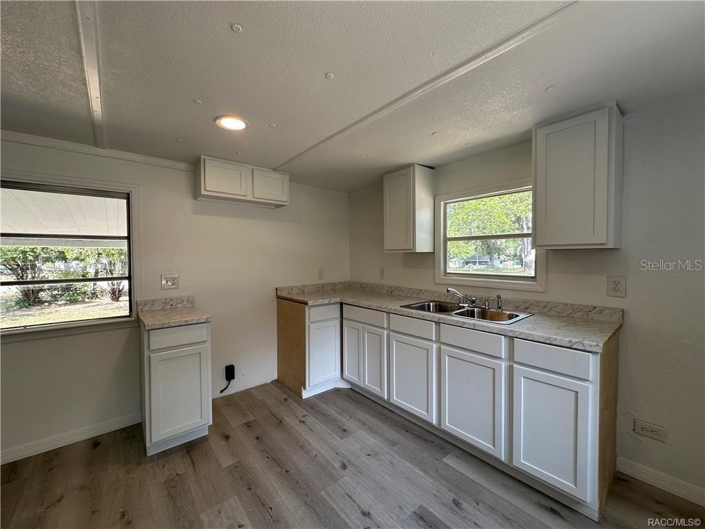 A kitchen features white cabinets, light countertops, a double sink, and wood-look flooring — 4546 N TUMBLEWEED TRAIL, HERNANDO, FL