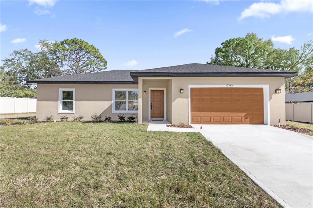 A single-story house with a tan stucco exterior, brown garage door, and a concrete driveway — 12345 SE 99TH AVENUE, BELLEVIEW, FL