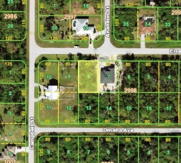 This is a satellite map view of a residential lot highlighted in yellow — 12037 EISENHOWER DRIVE, PORT CHARLOTTE, FL