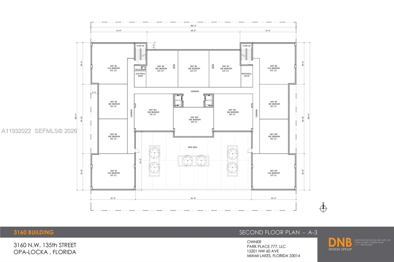 This is a floor plan for the second level of a multi-unit residential building — 3160 NW 135th St, Opa-Locka FL 33054, OPA-LOCKA, FL