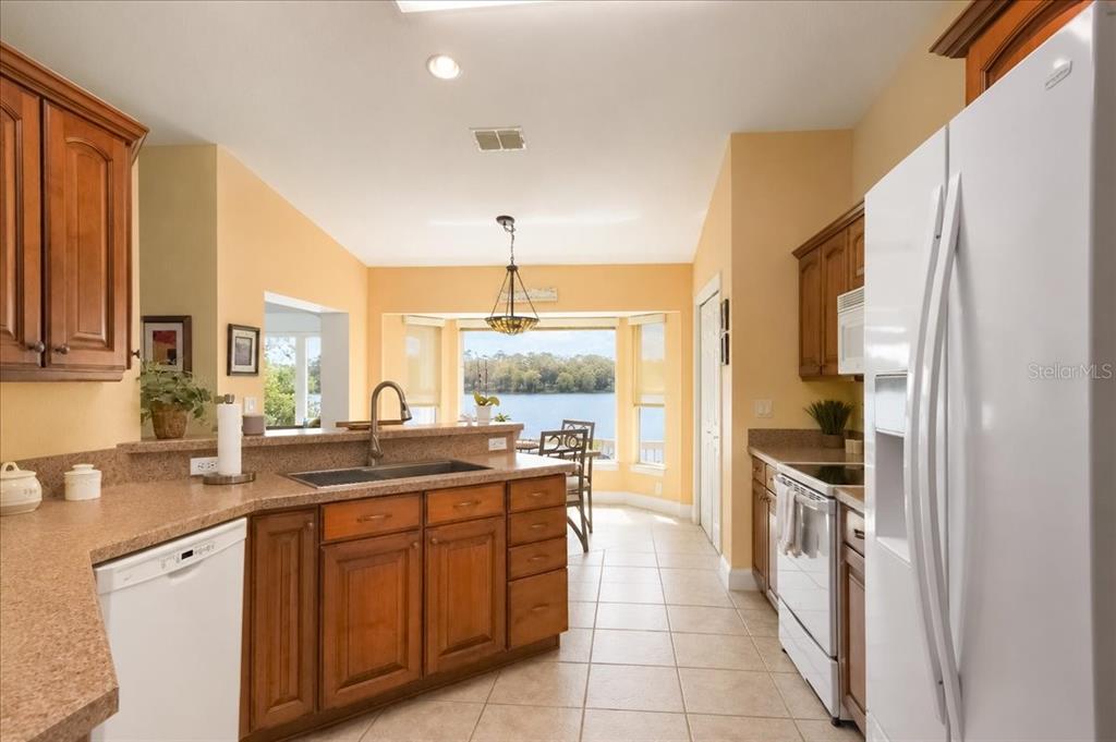 A kitchen with wood cabinets, granite countertops, and a view of a lake — 1081 NE 130TH TERRACE, SILVER SPRINGS, FL