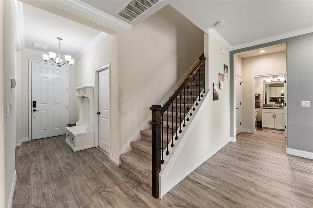 An entryway features wood-look tile flooring, a carpeted staircase with a dark railing, and a chandelier — 1295 MONTGOMERY BELL ROAD, WESLEY CHAPEL, FL