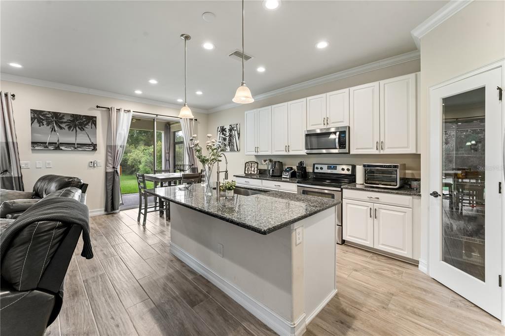 A kitchen with white cabinets, granite countertops, a central island, and wood-look tile flooring — 1295 MONTGOMERY BELL ROAD, WESLEY CHAPEL, FL