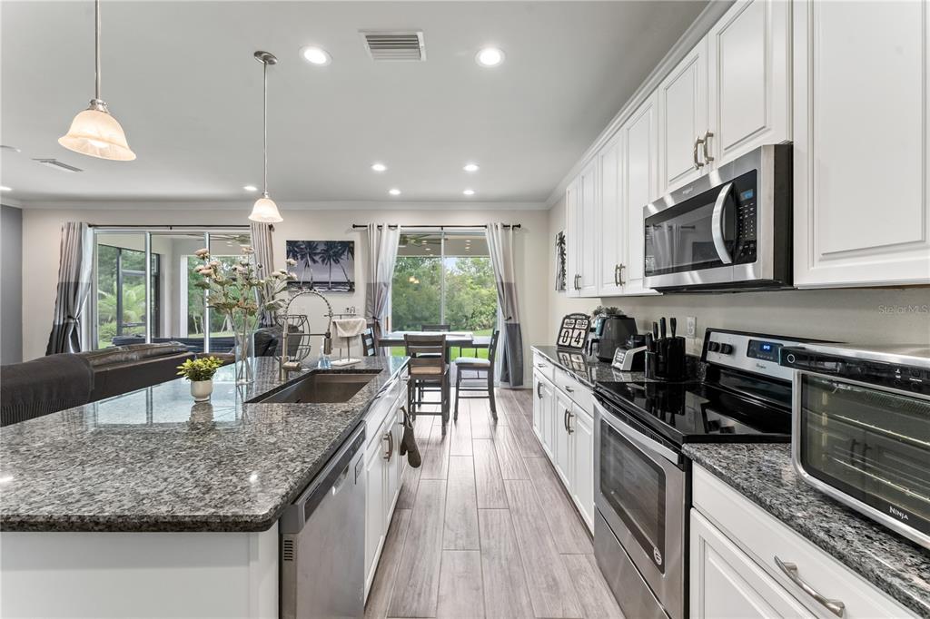 A modern kitchen features white cabinetry, granite countertops, stainless steel appliances, and a central island — 1295 MONTGOMERY BELL ROAD, WESLEY CHAPEL, FL