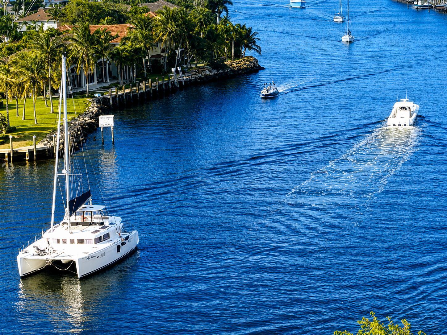 A catamaran sails on a canal past waterfront homes with palm trees and boat docks — 1505 N Riverside Drive # 1002, Pompano Beach FL 33062, POMPANO BEACH, FL