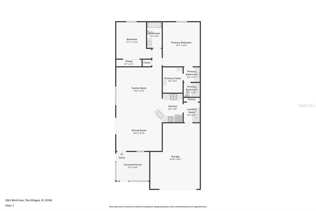 This is a floor plan for a single-story home with a garage and screened porch — 2561 BIRCH AVENUE, THE VILLAGES, FL
