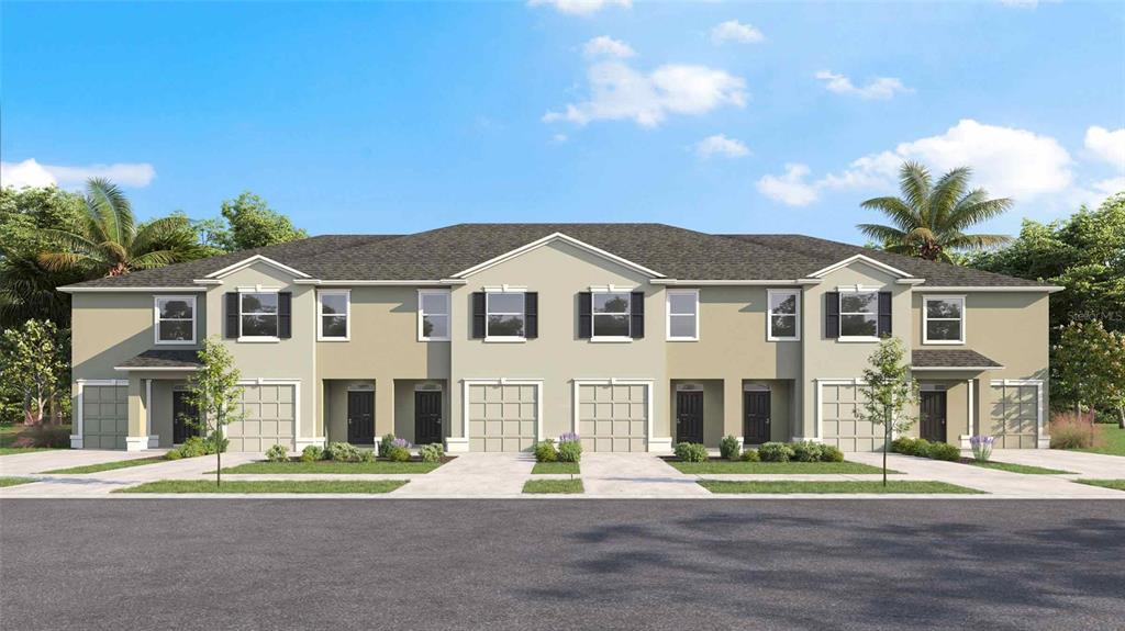 This is a digital rendering of a multi-unit townhouse building with beige siding and garages — 17657 SPANISH OAK LOOP, LAND O LAKES, FL