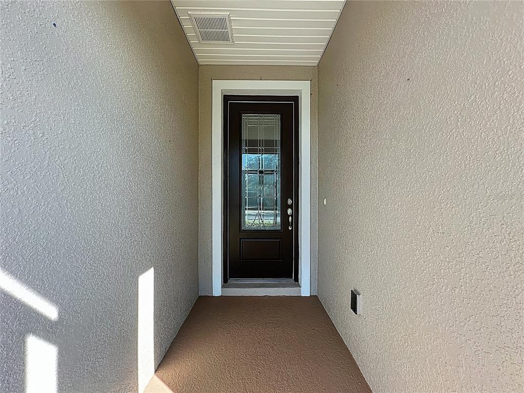 A covered entryway features a dark brown front door with a glass insert and textured walls — 537 NARROW VIEW LANE, GROVELAND, FL