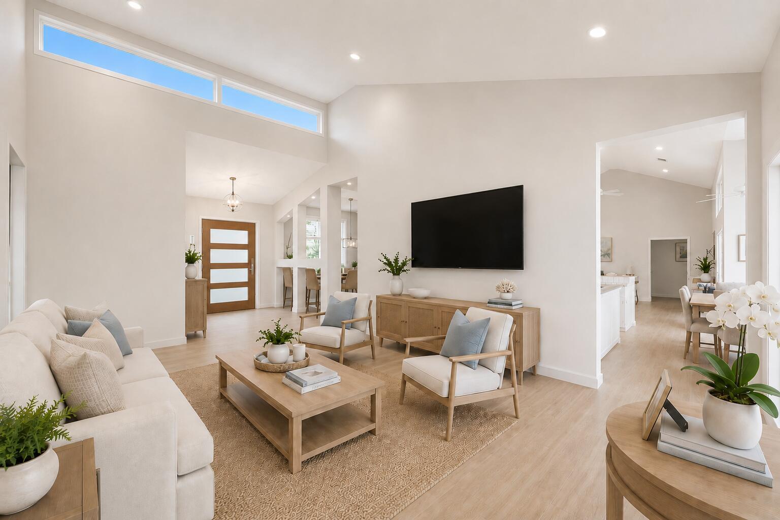 A bright, open-concept living room features light wood floors, vaulted ceilings, and neutral furniture — 10290 SE Banyan Way, Jupiter FL 33469, JUPITER, FL