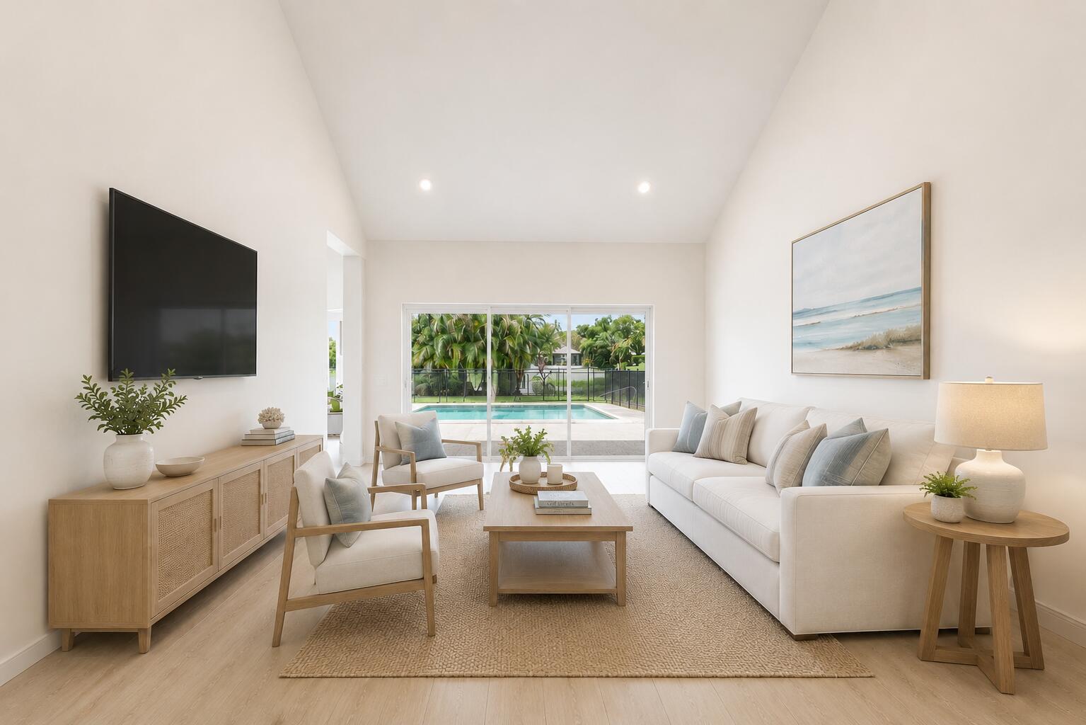 A bright living room features a white sofa, two armchairs, a television, and pool views — 10290 SE Banyan Way, Jupiter FL 33469, JUPITER, FL
