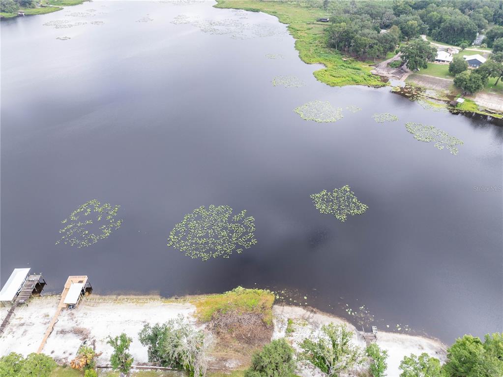 An aerial view shows a lake with patches of lily pads and a sandy shoreline — 114 LITTLE ORANGE LAKE DRIVE, HAWTHORNE, FL