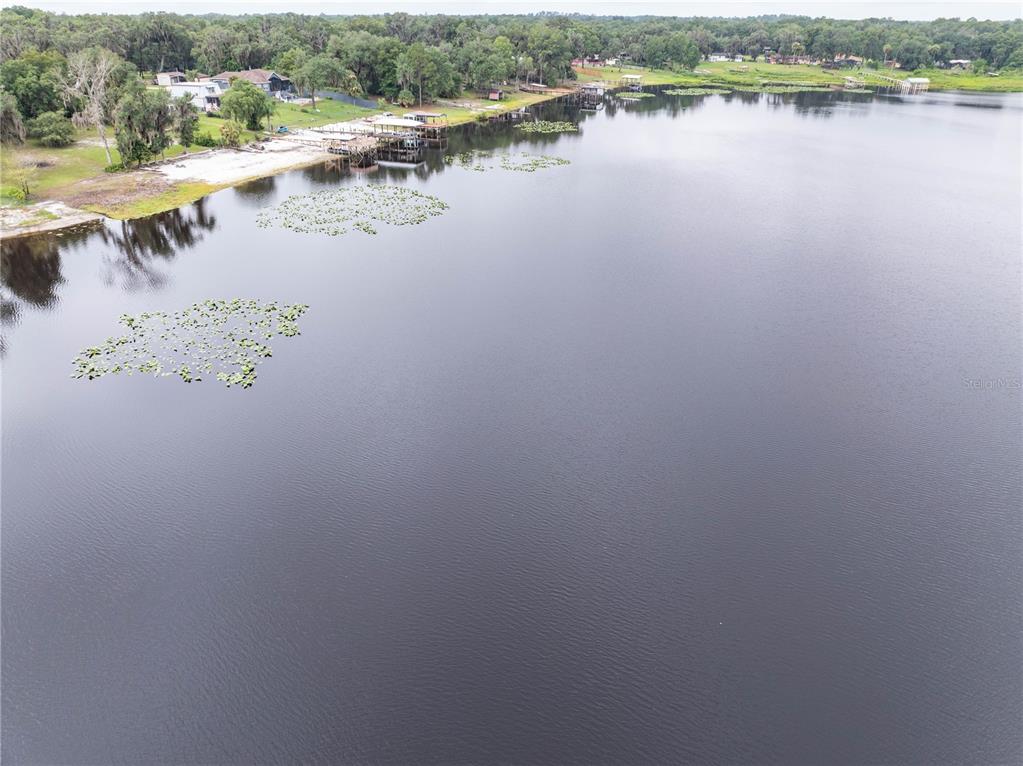 An aerial view shows a lake with several docks and patches of lily pads — 114 LITTLE ORANGE LAKE DRIVE, HAWTHORNE, FL