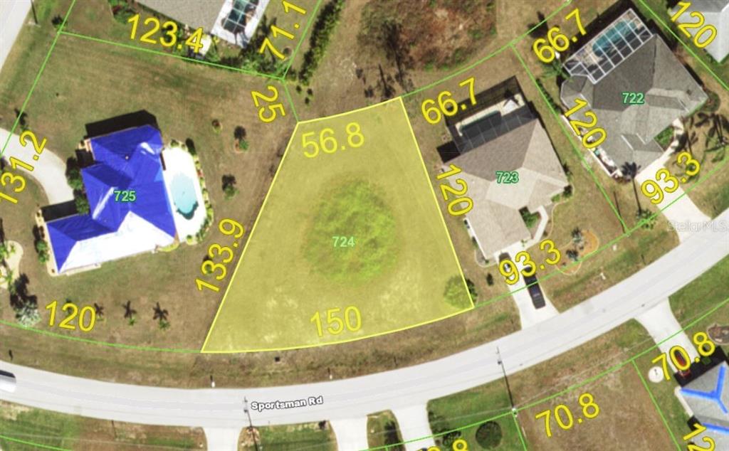 This is an aerial map showing a vacant residential lot highlighted in yellow — 142 SPORTSMAN ROAD, ROTONDA WEST, FL