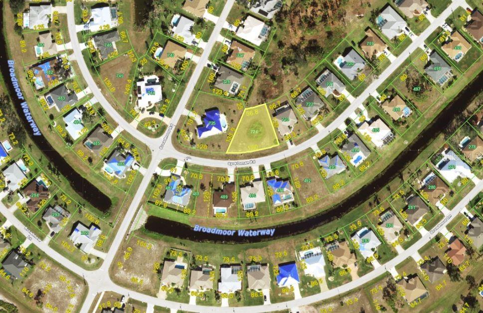 This is an aerial map showing a vacant residential lot highlighted in yellow — 142 SPORTSMAN ROAD, ROTONDA WEST, FL