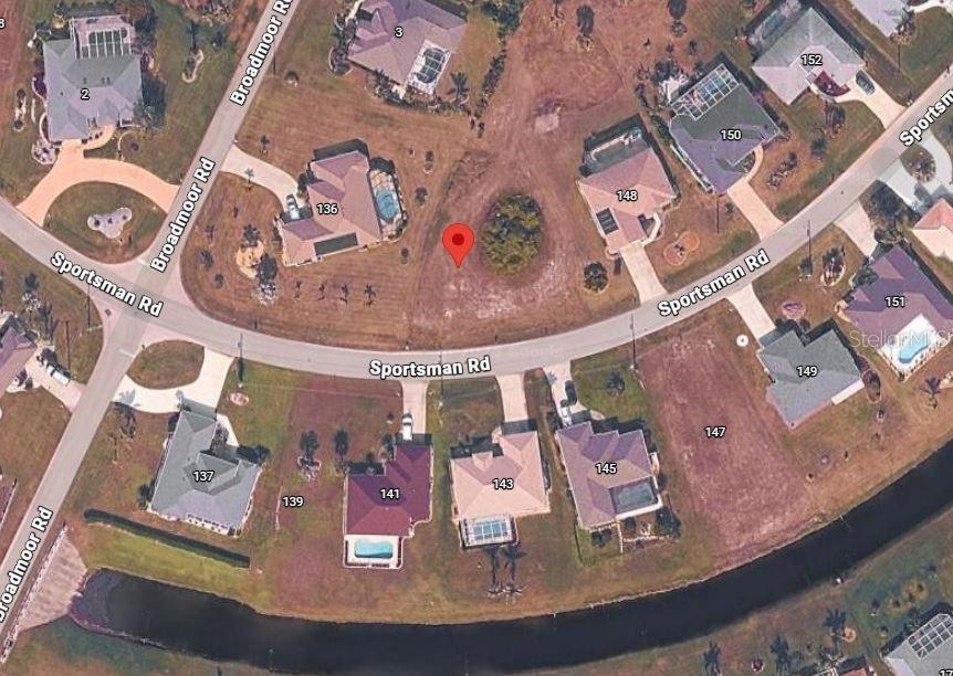 This is an aerial map view of a vacant residential lot in a suburban neighborhood — 142 SPORTSMAN ROAD, ROTONDA WEST, FL