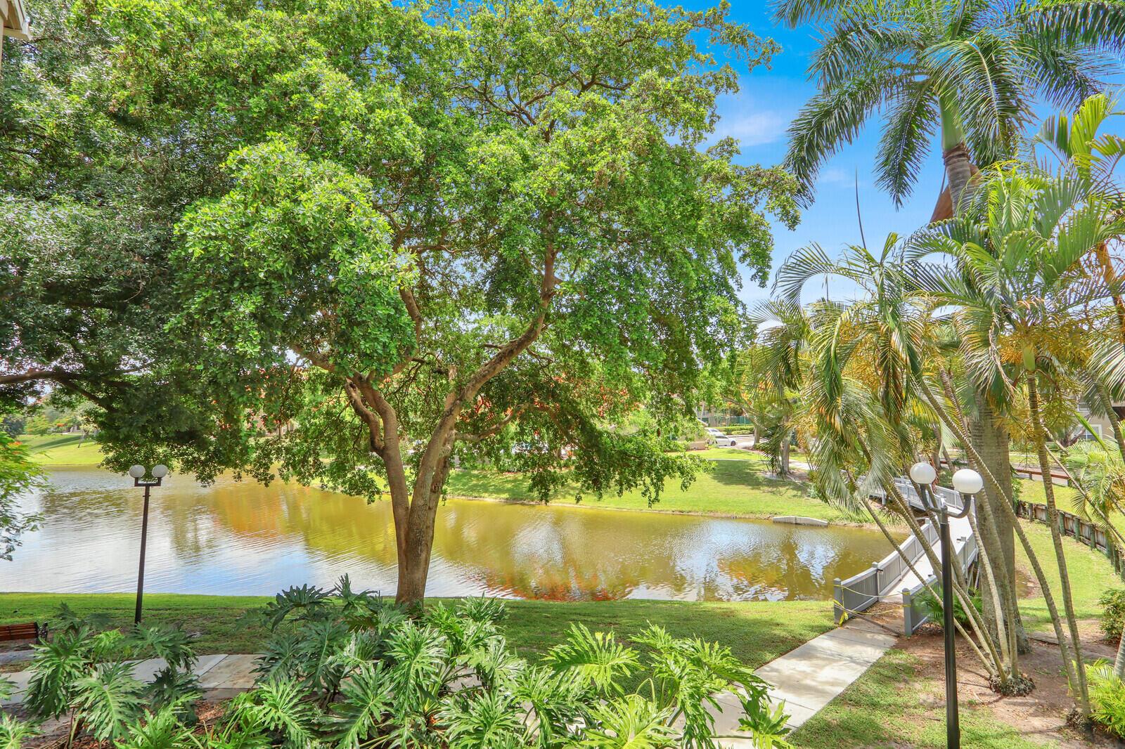 A view of a pond surrounded by green grass, large trees, and a pedestrian bridge — 1745 Palm Cove Boulevard # 209, Delray Beach FL 33445, DELRAY BEACH, FL