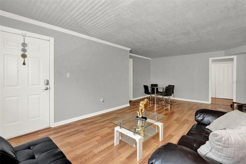 A living room with gray walls, wood-look flooring, a glass coffee table, and a dining set — 1940 CONWAY UNIT 8, ORLANDO, FL